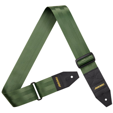 AMUMU Premium Army Green Guitar Strap with Full Grain Leather, Quick-Fetch Pick Holder & Heavy-Duty Buckles